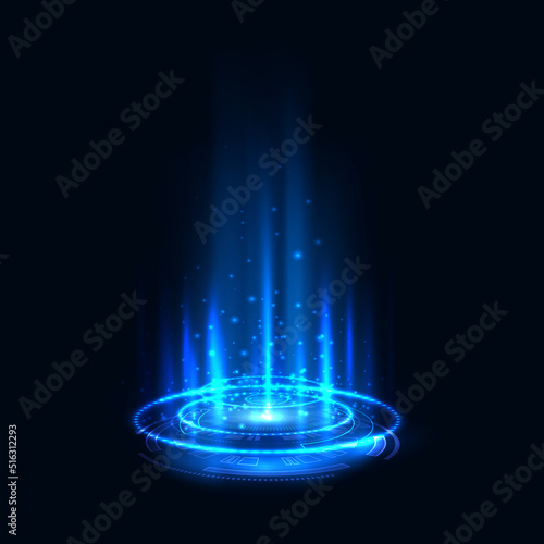 Portal futuristic hologram, realistic teleport. Vector illustration fantasy aura, magic teleport or level up effect in ui gui game. Illuminated spotlight with falling rays, podium neon laser