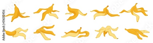 Banana peel. Cartoon flat fruit peels, different provisions, yellow food icons, sweet tropical vegetarian wastes, banana skins collection, organic garbage. Nowaday vector doodle set