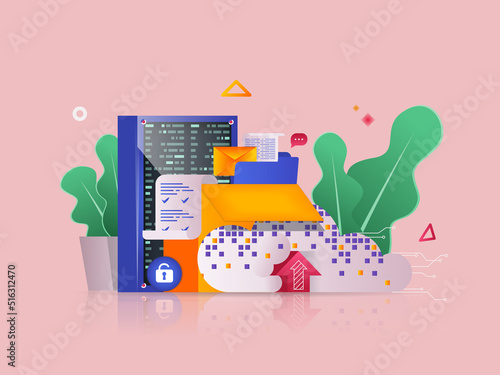 Cloud storage concept 3D illustration. Icon composition with uploading and transferring files, server rack for data storage at database, hosting provider. Vector illustration for modern web design