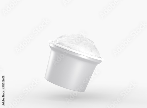 White plastic cup with ice cream ball. Realistic mockup of empty paper bucket, round jar or food container with texture sundae. Package with yogurt or dairy product isolated on background, 3d render