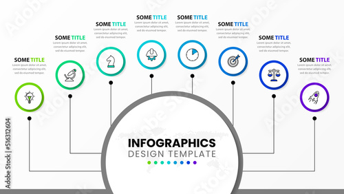 Infographic template. 8 steps with icons connected to a big circle