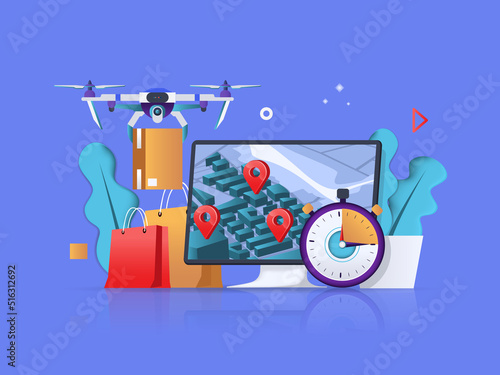 Delivery concept 3D illustration. Icon composition with computer with map for online tracking, flying drone carries parcels, fast shipping, courier delivery. Vector illustration for modern web design
