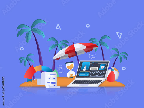Freelance concept 3D illustration. Icon composition with workplace on tropical island beach, laptop under umbrella, doing work tasks online to deadline. Vector illustration for modern web design