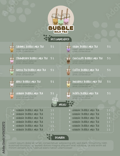 Bubble milk tea vector menu template. Bubble milk tea cartoon. Menu for cafe or restaurant.