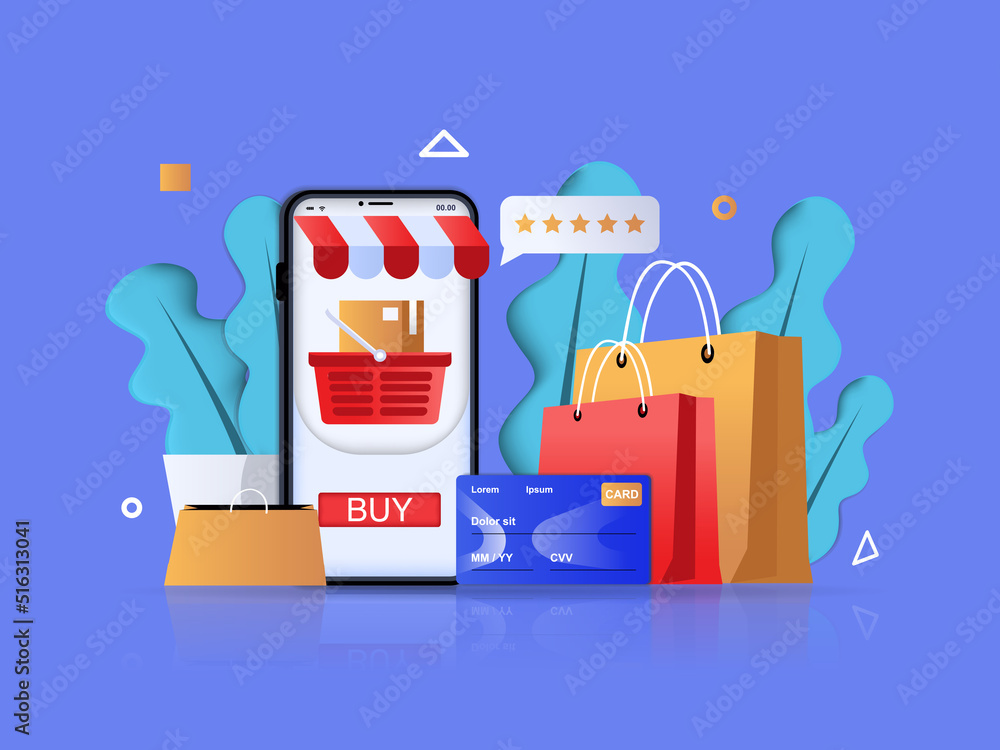 Online shopping concept 3D illustration. Icon composition with mobile application for making purchases on smartphone, credit card for payment, shopping bags. Vector illustration for modern web design