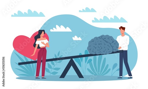 Emotions and practicality. Instinct and logic, brain vs heart, elements on scales, male and female type of thinking, love and knowledge, different path to decision making, vector concept