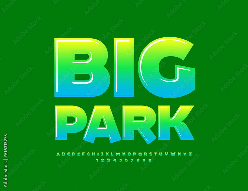 Vector green banner Big Park. Bright Artistic Font. Modern Glossy Artistic Alphabet Letters and Numbers Vector green banner Big Park. Bright Artistic Font. Modern Glossy Artistic Alphabet Letters and Numbers