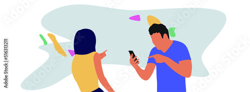 Male and female cartoon characters in the phone found what they were looking for and show a smartphone with their hands. Young romantic couple in smartphones. Flat colorful vector illustration © Narek