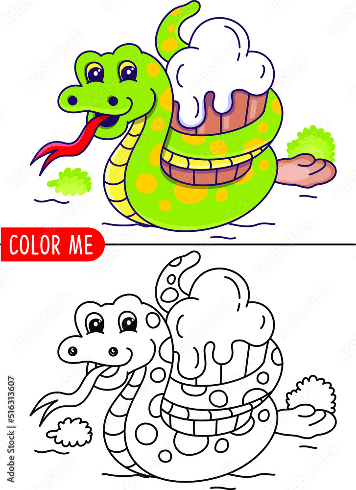 coloring book with funny snake cartoon hand drawn doodle illustration Stock  Vector | Adobe Stock