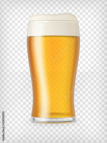 Realistic glass with lager beer and frothy foam