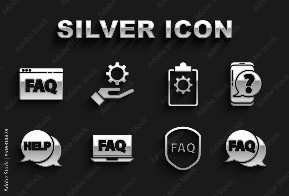 Set Laptop and FAQ, Mobile phone with question, Speech bubble, Shield text, Help, Checklist 24 hours service, Browser and Settings in the hand icon. Vector Set Laptop and FAQ, Mobile phone with question, Speech bubble, Shield text, Help, Checklist 24 hours service, Browser and Settings in the hand icon. Vector
