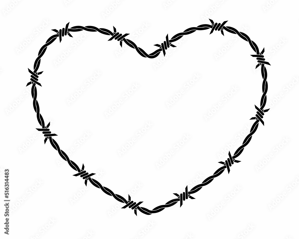Vector illustration of barbed wire heart isolated on white background. Heart shape frame from twisted barbwire. Security fence sign. 
