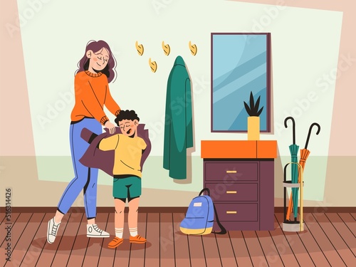 Help dressed child. Mom helps son put on jacket, caring parent, happy mother and kid going for walk, putting clothes in hallway room interior, bright tidy vector cartoon flat concept