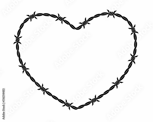Vector illustration of barbed wire heart isolated on white background. Heart shape frame from twisted barbwire. Security fence sign. 