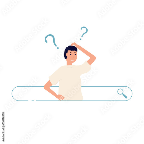 Search results banner. Man thinking standing inside search bar. Thinking and scratching head. Problem searching concept. Character with question mark inside searchbar. Confused and doubt guy.