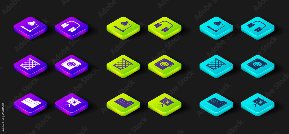 Set Document folder, Chalkboard with diagram, Trash can, Address book, Headphones and Table lamp icon. Vector Set Document folder, Chalkboard with diagram, Trash can, Address book, Headphones and Table lamp icon. Vector
