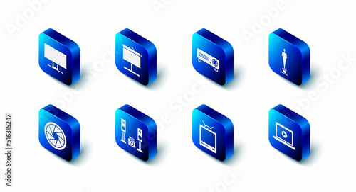 Set Projection screen, Movie, film, media projector, trophy, Online play video, Retro tv, Home stereo with two speakers, Camera shutter and Smart Tv icon. Vector