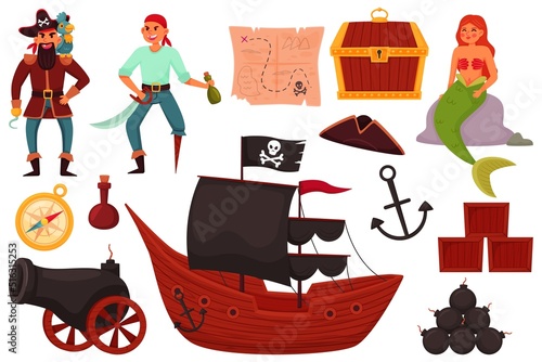 Pirate items. Funny marine team, cute captain hold sword, sailor and mermaid, ship with black sails, cartoon isolated elements, cannon and anchor, treasure chest recent vector childish set