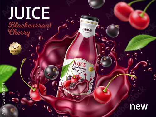 Realistic berries juice poster. Fresh cherry and blackcurrant fruit drink, flying glass bottle with liquid abstract splashes, advertising promotional banner, 3d elements, utter vector concept