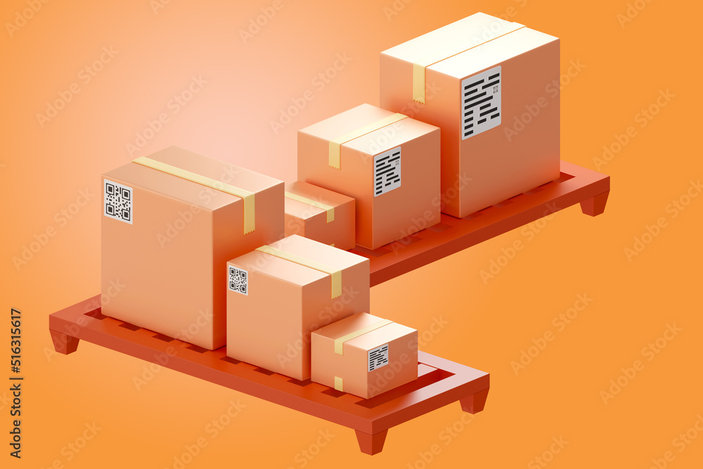 Delivery boxes. Several boxes on corner pallet. Delivery boxes on orange. Parcels with QR stickers. Visualization parcels from courier service. Delivery business scenery. 3d rendering. Delivery boxes. Several boxes on corner pallet. Delivery boxes on orange. Parcels with QR stickers. Visualization parcels from courier service. Delivery business scenery. 3d rendering.