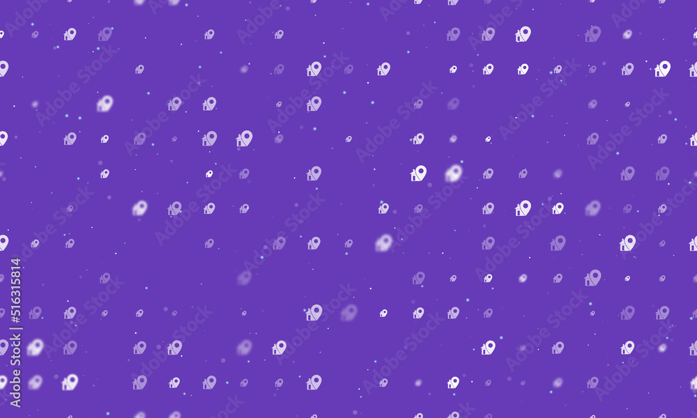 Seamless background pattern of evenly spaced white real estate location symbols of different sizes and opacity. Vector illustration on deep purple background with stars Seamless background pattern of evenly spaced white real estate location symbols of different sizes and opacity. Vector illustration on deep purple background with stars