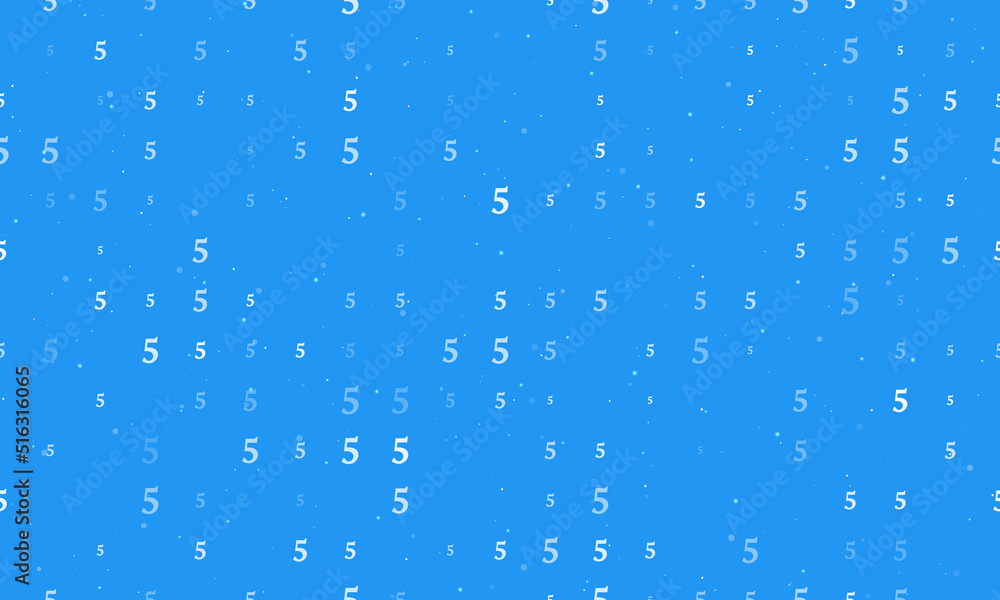 Seamless background pattern of evenly spaced white number five symbols of different sizes and opacity. Vector illustration on blue background with stars
