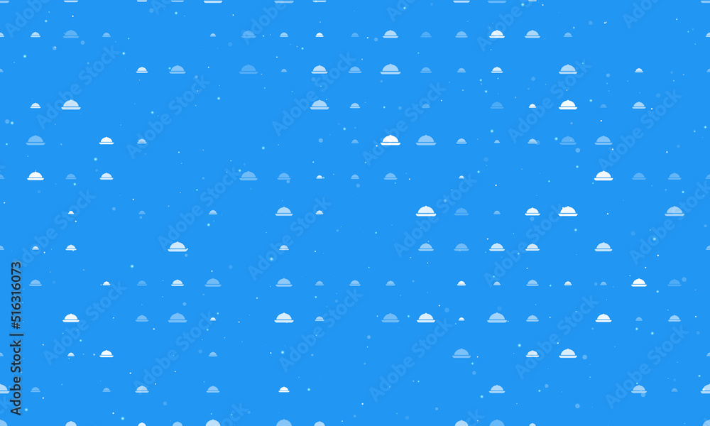 Seamless background pattern of evenly spaced white cloche symbols of different sizes and opacity. Vector illustration on blue background with stars