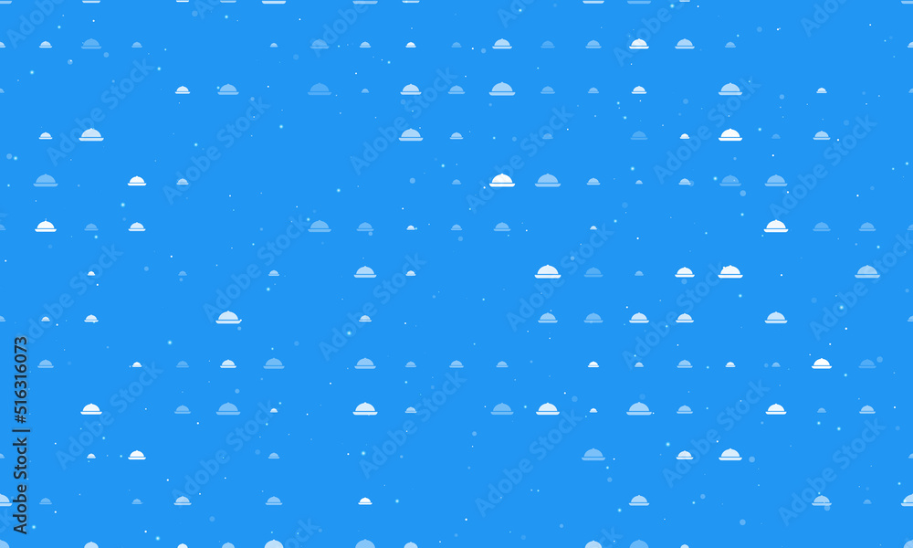 Seamless background pattern of evenly spaced white cloche symbols of different sizes and opacity. Vector illustration on blue background with stars
