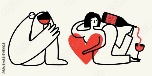Vector illustration set with outline man and woman with wine and red heart. Trendy apparel print design, home decoration poster collection © julymilks