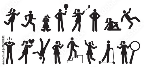 Stickman characters. Black silhouette people, man and woman, different poses, falling or running, climbing stairs, making selfies, riding scooter, holding magnifying glass, nowaday vector set