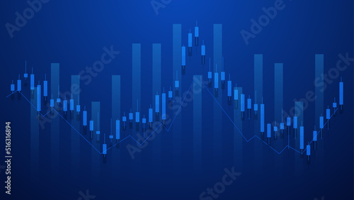 economy situation concept. Financial business statistics with bar graph and candlestick chart show stock market price and currency exchange on blue background