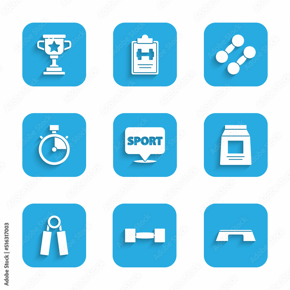 Set Location gym, Dumbbell, Step platform, Sports nutrition, expander, Stopwatch, and Award cup icon. Vector Set Location gym, Dumbbell, Step platform, Sports nutrition, expander, Stopwatch, and Award cup icon. Vector