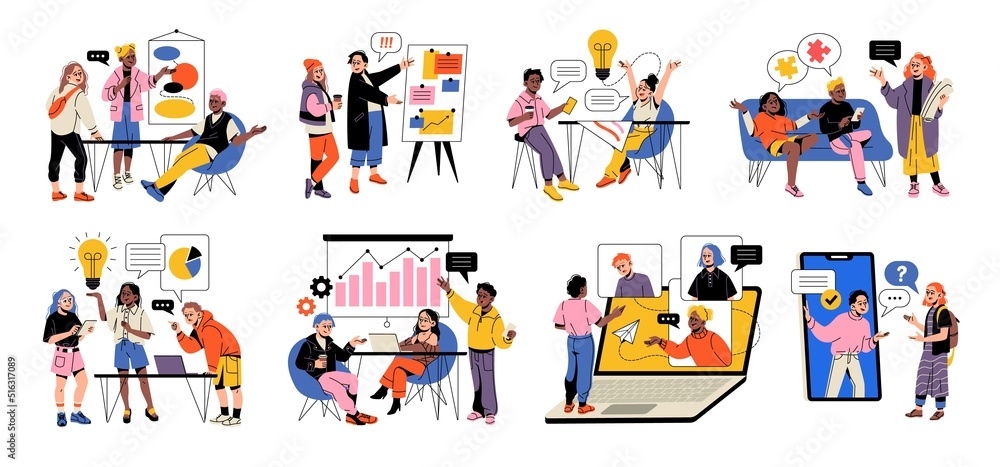 Team work scenes. Creative people, talented youth at work, bright funny guys and girls in office, joint brainstorm, communication and collaboration, tidy vector cartoon flat style set