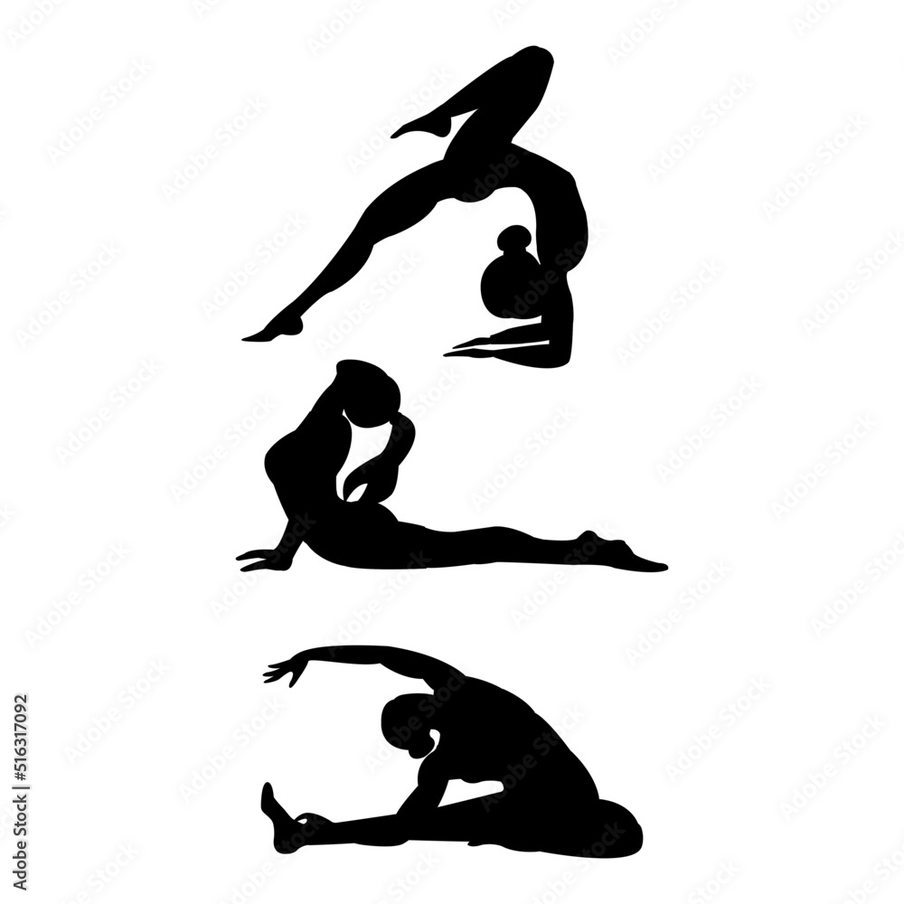 Obraz premium Female Characters Sport Activities silhouette Set. People Doing Sports, Yoga, Fitness, Workout in Different Poses, Stretching, Healthy Lifestyle, Leisure. Cartoon Flat Vector Illustration isolated