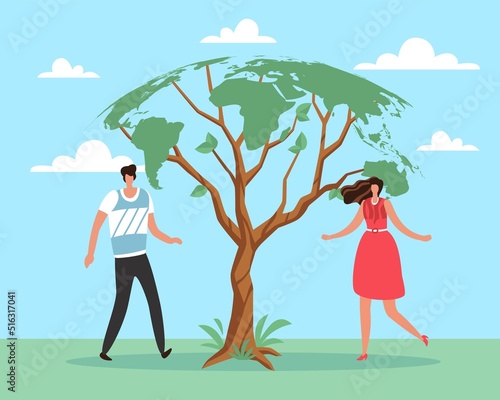 Sustainable development of ecological map of world. Responsible resource consumption, saving planet, man and woman near tree, eco friendly people vector cartoon flat environment concept