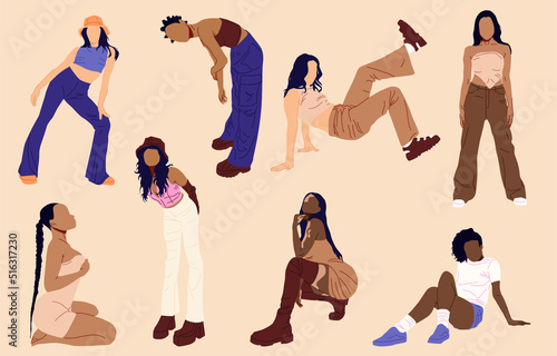Beautiful summer girls. Multi-ethnic beauty. Different ethnicity women. Sexy women in various poses. Flat Vector Illustration.