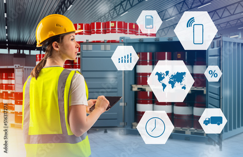 Woman in chemical warehouse...