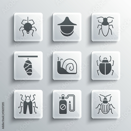 Set Pressure sprayer  Chafer beetle  Mite  Snail  Beetle bug  Butterfly cocoon  Spider and Cockroach icon. Vector