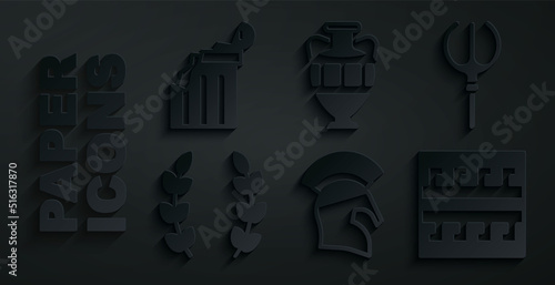 Set Greek helmet, Neptune Trident, Laurel wreath, Ancient pattern, amphorae and Broken ancient column icon. Vector