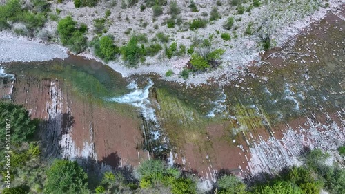 Aragon Subordán River in the surroundings of the Ruins of the Mercedarios Convent of Nuestra Señora del Pilar seen from a drone. Bridge the Queen of Jaca. Jacetania region. Huesca, Aragon, Spain, Euro photo