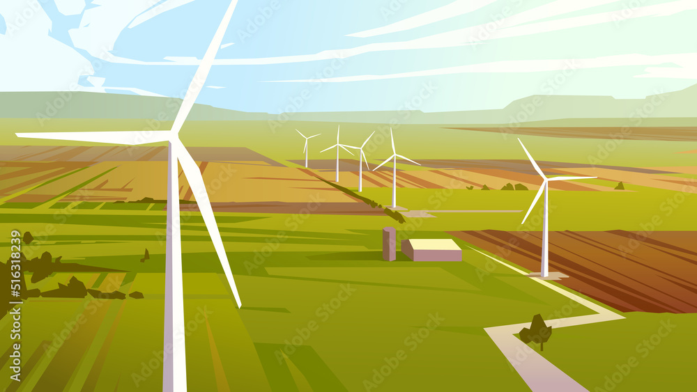 Wind farm in the countryside. Vector illustration Wind farm in the countryside. Vector illustration
