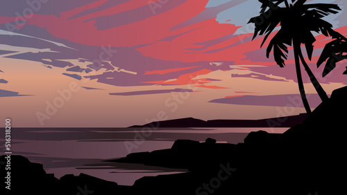 Sunset beach  red clouds. Vector illustration