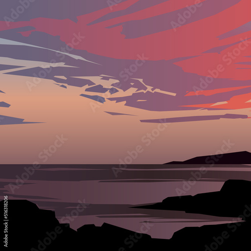 Sunset beach, red clouds. Vector illustration