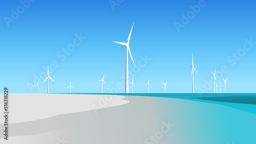 Wind farm on the coast. Vector illustration