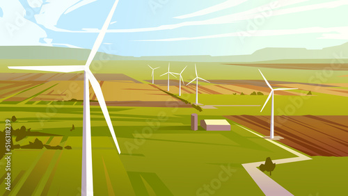 Wind farm in the countryside. Vector illustration