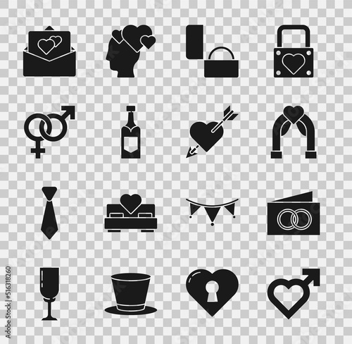 Set Heart with male gender, Greeting card, Wedding arch, Diamond engagement ring, Champagne bottle, Gender, and Amour heart and arrow icon. Vector