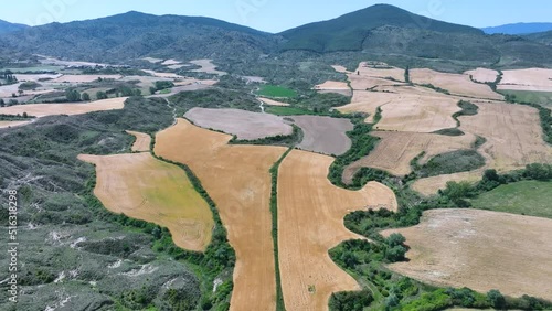 Panoramic view from a drone of the agricultural landscape of crop fields in Puente la Reina de Jaca. The Jacetania. Huesca, Aragon, Spain, Europe photo