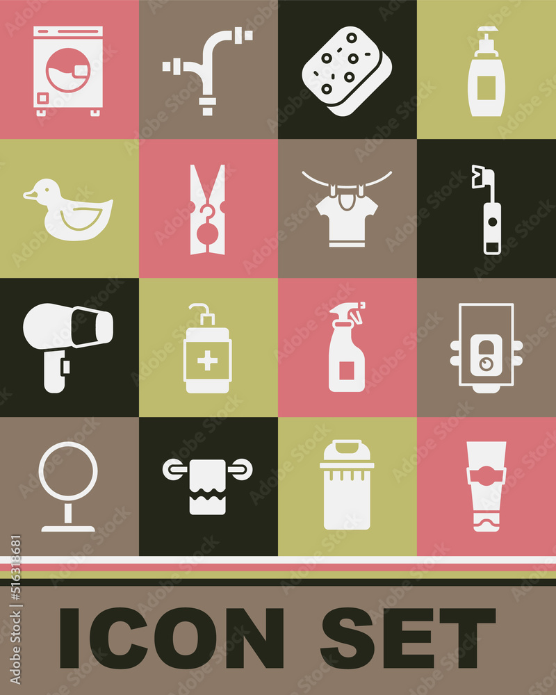 Set Tube of toothpaste, Gas boiler, Electric toothbrush, Sponge, Clothes pin, Rubber duck, Washer and Drying clothes icon. Vector Set Tube of toothpaste, Gas boiler, Electric toothbrush, Sponge, Clothes pin, Rubber duck, Washer and Drying clothes icon. Vector