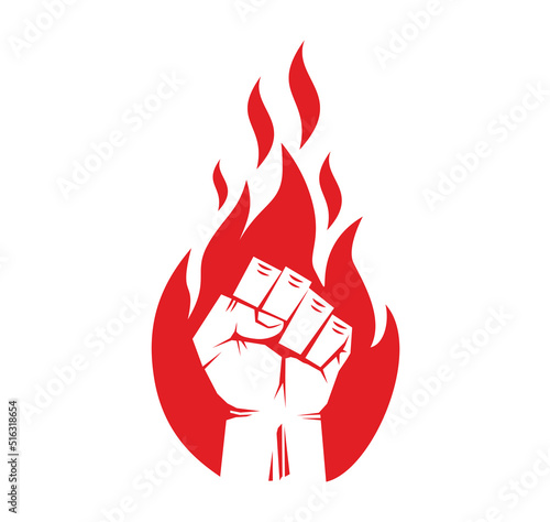 Silhouette of clenched fist of raised hand against the background of  flame. Vector on transparent background