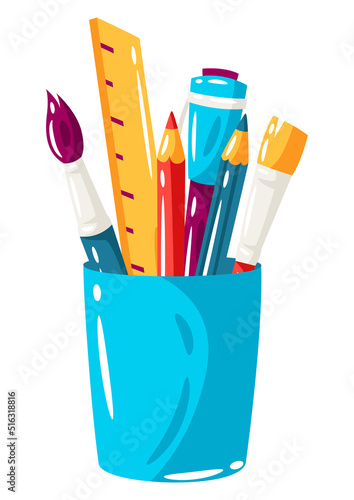 Illustration of stationery in glass. School item. Education image for design.